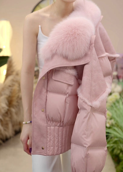 Elegante rosa Pelzkragen-Knopfleiste-Daunenjacke für den Winter