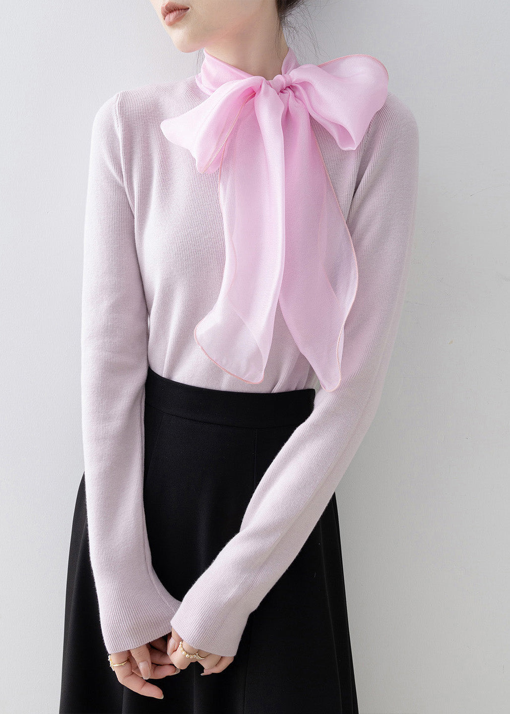 Elegant Pink Hign Neck Bow Slim Fit Knit Sweaters Spring