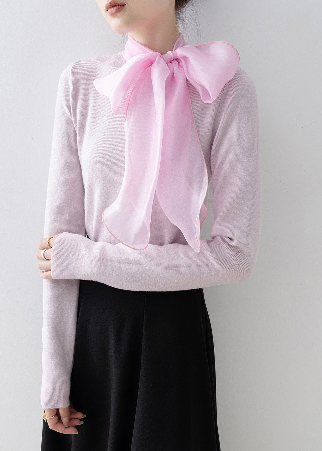 Elegant Pink Hign Neck Bow Slim Fit Knit Sweaters Spring