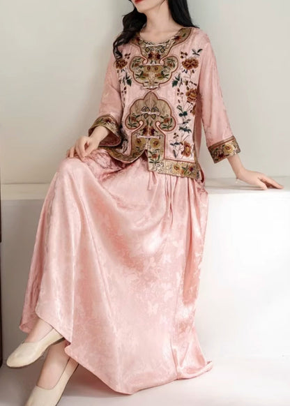 Eleganter rosa Jacquard-Seidenrock mit extra großem Saum, Frühling