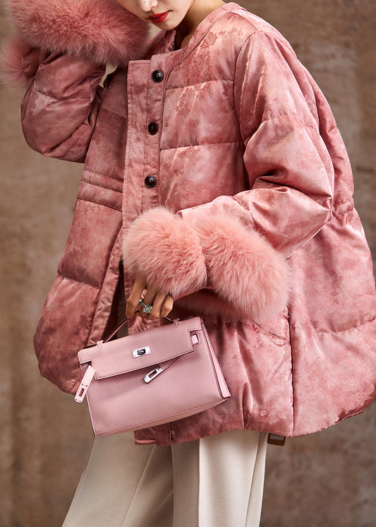 Elegant Pink Jacquard Patchwork Fox Hair Duck Down Silk Puffer Coat Winter