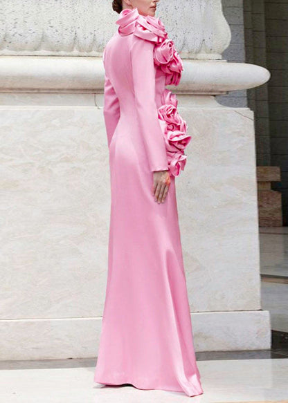 Elegant Pink O Neck Floral Cotton Maxi Dresses Long Sleeve