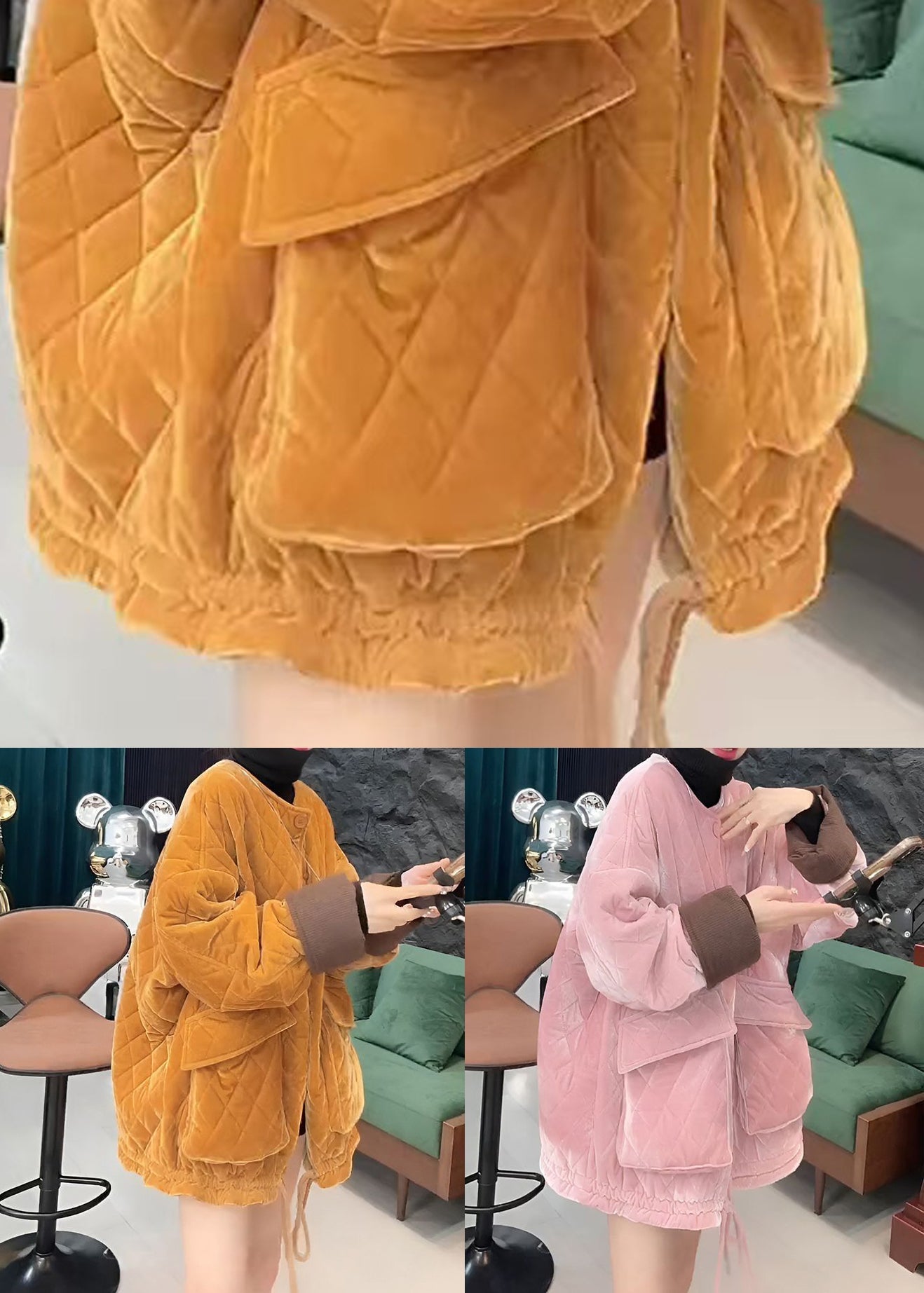 Parka elegante de algodón con cuello redondo, bolsillos y cordones en color rosa para invierno