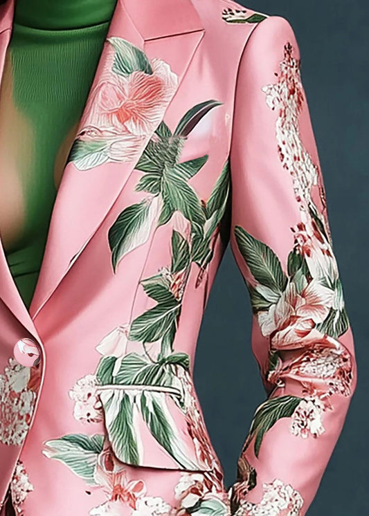 Elegant Pink Peter Pan Collar Pockets Print Satin Coats Fall