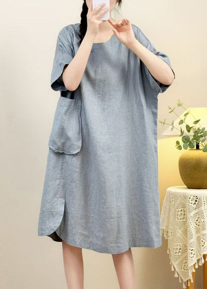 Elegant Pink Pockets Side Open Linen Dress Half Sleeve