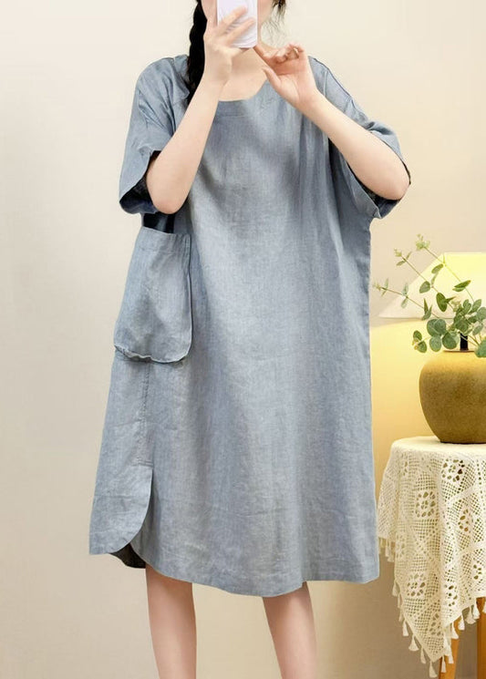 Elegant Pink Pockets Side Open Linen Dress Half Sleeve
