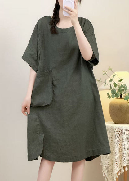 Elegant Pink Pockets Side Open Linen Dress Half Sleeve