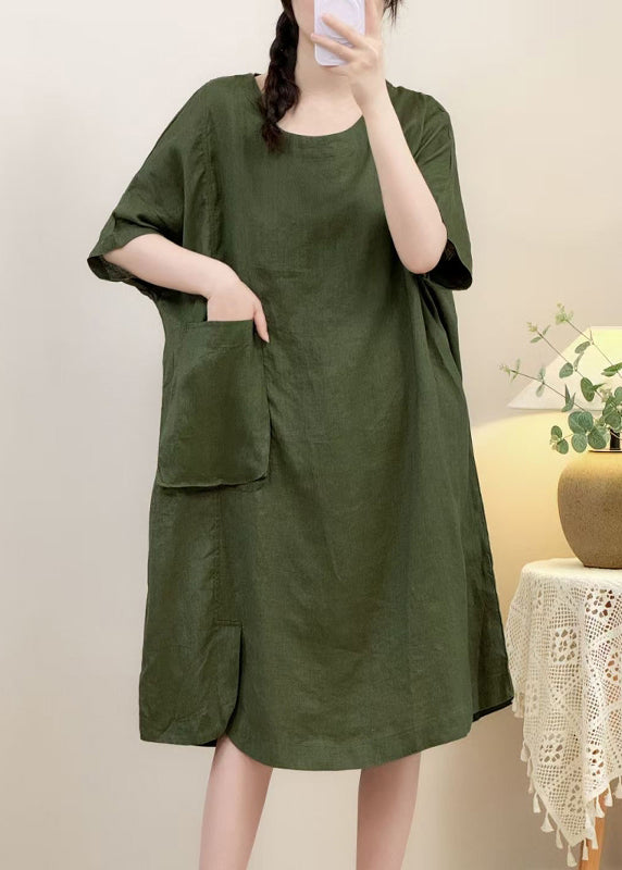 Elegant Pink Pockets Side Open Linen Dress Half Sleeve