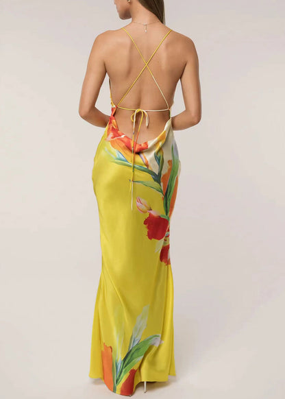 Elegant Pink Print Backless Maxi Spaghetti Strap Dress Summer