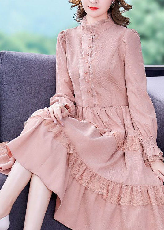 Elegantes rosa Rüschen-Spitzen-Patchwork-Exra-großer Saum Seidenvelours-Kleid Frühling