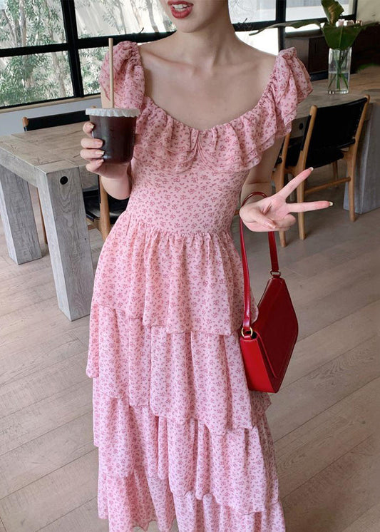 Elegantes rosa Chiffon-Langes Kleid mit Rüschendruck für den Sommer
