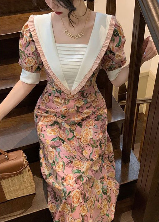 Elegante rosa Rüschen Print Lace Up Baumwolle Kleider Sommer