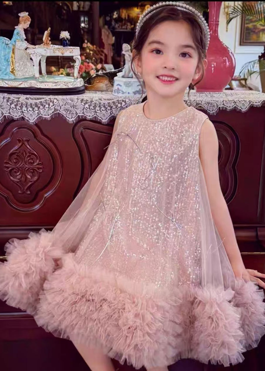 Elegant Pink Sequins Bow Tulle Baby Girls Dress Sleeveless