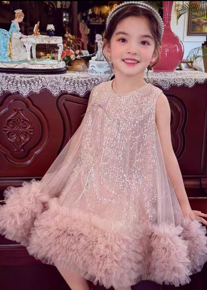 Elegant Pink Sequins Bow Tulle Baby Girls Dress Sleeveless