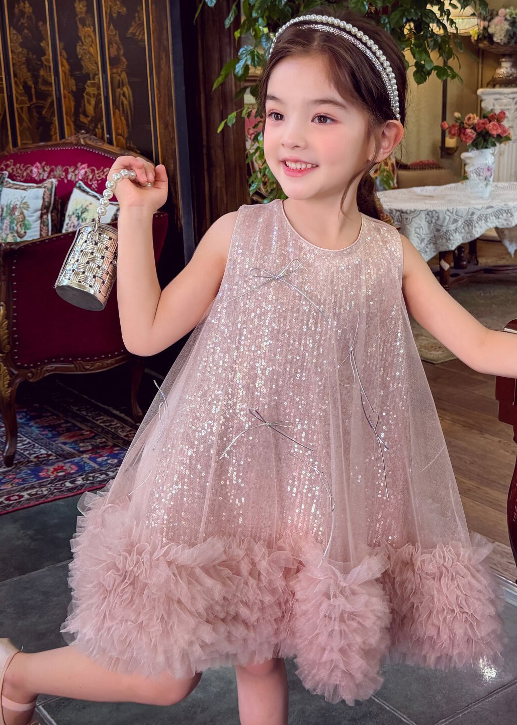 Elegant Pink Sequins Bow Tulle Baby Girls Dress Sleeveless