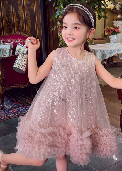 Elegant Pink Sequins Bow Tulle Baby Girls Dress Sleeveless