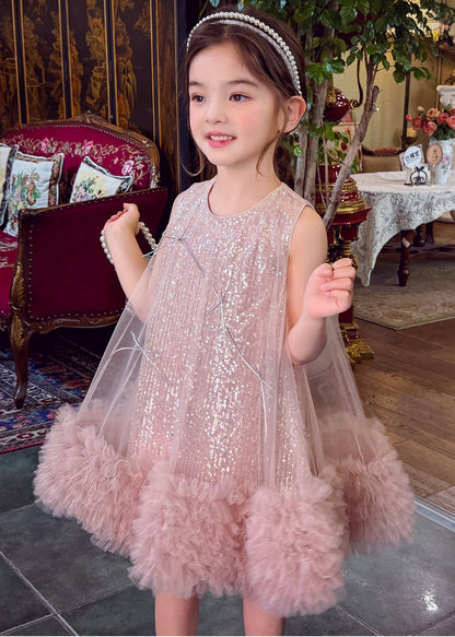 Elegant Pink Sequins Bow Tulle Baby Girls Dress Sleeveless