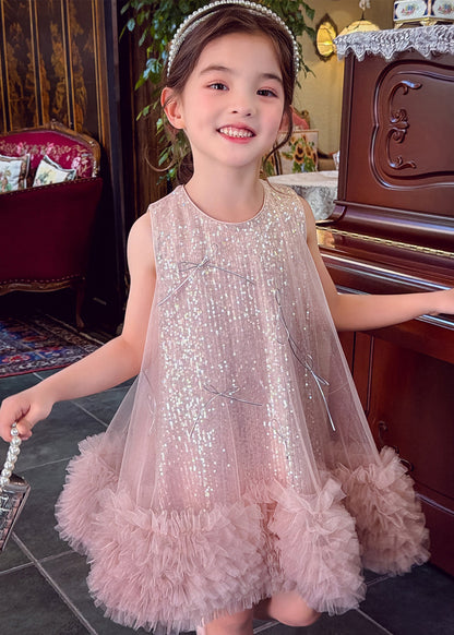 Elegant Pink Sequins Bow Tulle Baby Girls Dress Sleeveless