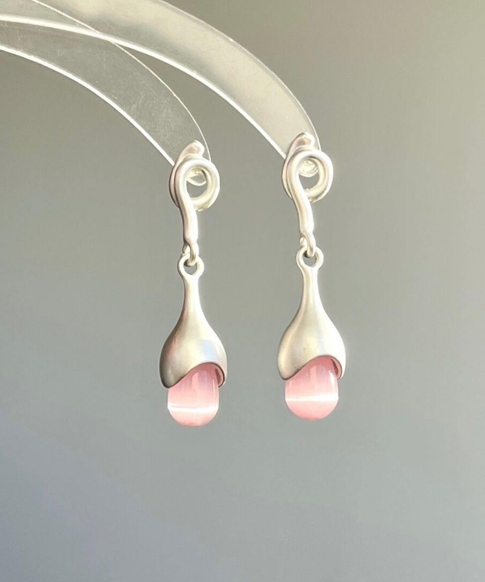 Elegant Pink Sterling Silver Cat Eye Stone Tassel Drop Earrings
