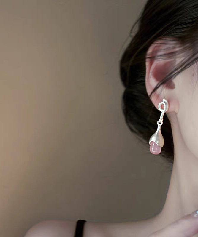 Elegant Pink Sterling Silver Cat Eye Stone Tassel Drop Earrings