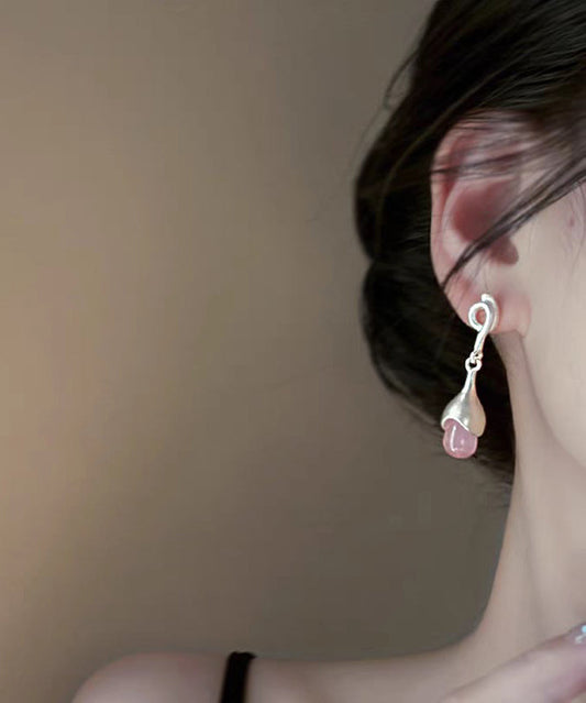 Elegant Pink Sterling Silver Cat Eye Stone Tassel Drop Earrings