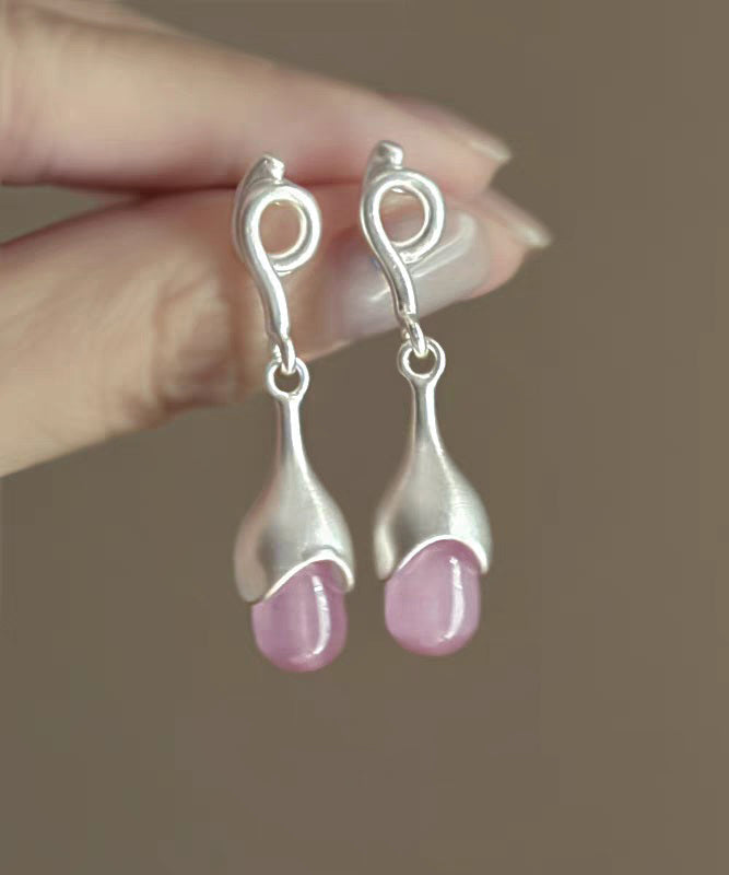Elegant Pink Sterling Silver Cat Eye Stone Tassel Drop Earrings