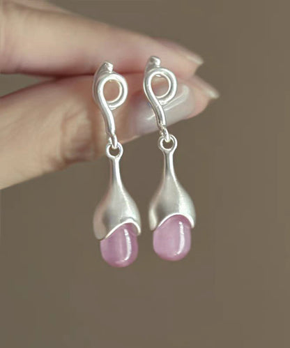 Elegant Pink Sterling Silver Cat Eye Stone Tassel Drop Earrings