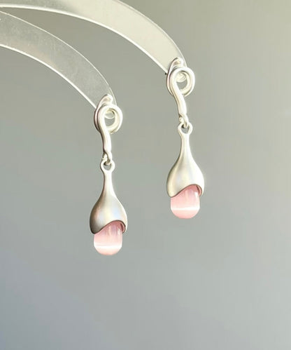Elegant Pink Sterling Silver Cat Eye Stone Tassel Drop Earrings