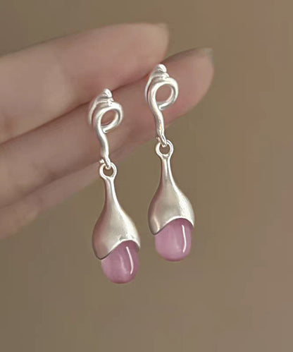 Elegant Pink Sterling Silver Cat Eye Stone Tassel Drop Earrings