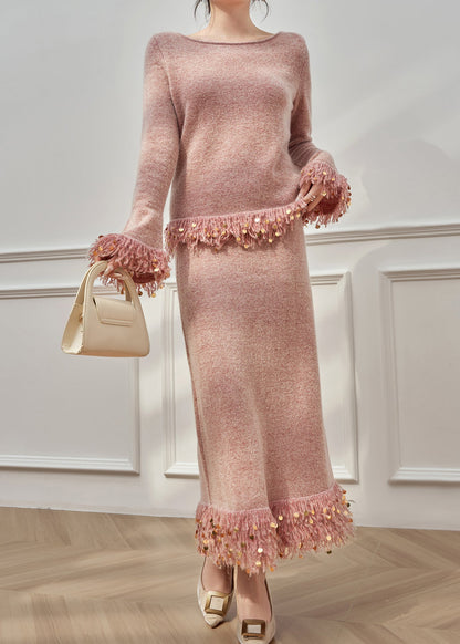 Elegant Pink Tasseled Sequins Knit Two Pieces Set Flare Sleeve