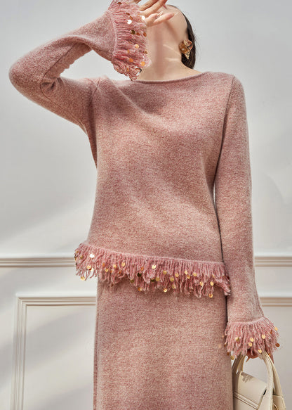 Elegant Pink Tasseled Sequins Knit Two Pieces Set Flare Sleeve