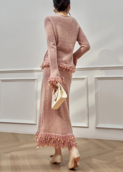 Elegant Pink Tasseled Sequins Knit Two Pieces Set Flare Sleeve
