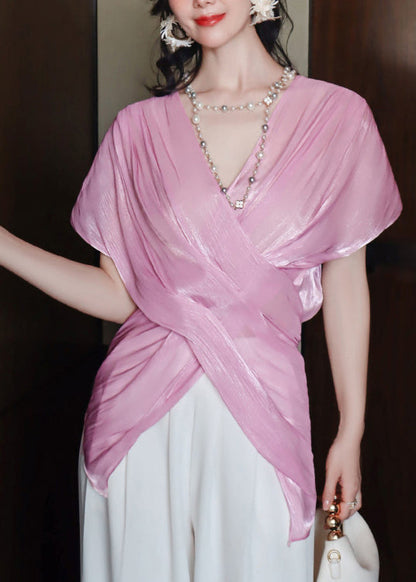Elegant Pink V Neck Cross Silk Tops Batwing Sleeve
