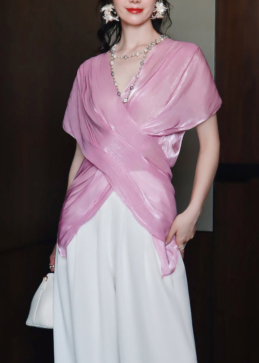 Elegant Pink V Neck Cross Silk Tops Batwing Sleeve