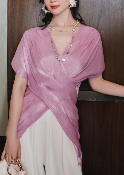 Elegant Pink V Neck Cross Silk Tops Batwing Sleeve