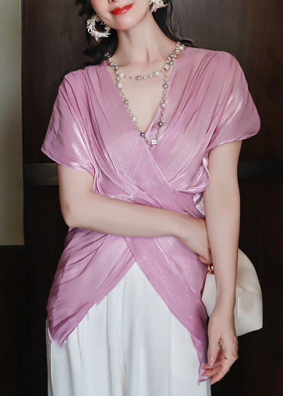 Elegant Pink V Neck Cross Silk Tops Batwing Sleeve
