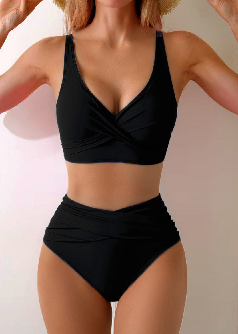 Elegant Pink V Neck Cross Wrinkled Swimwear Lingerie Set
