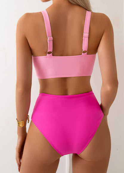 Elegant Pink V Neck Cross Wrinkled Swimwear Lingerie Set