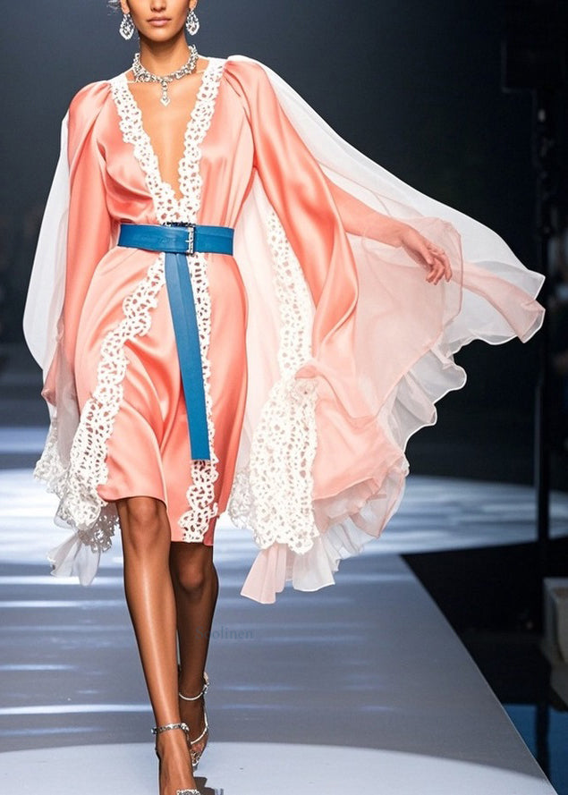 Elegant Pink V Neck Lace Tulle Patchwork Dresses Spring