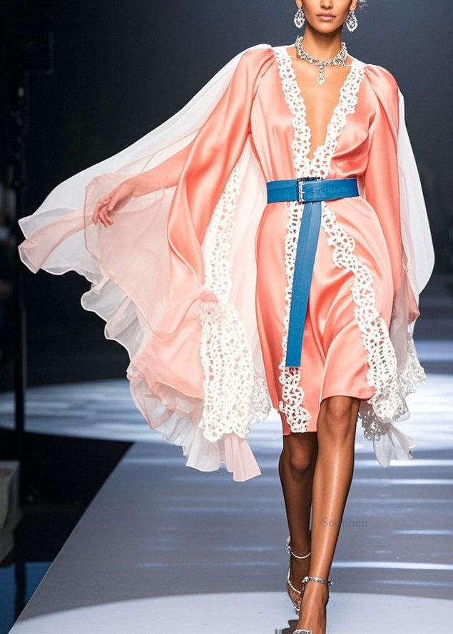 Elegant Pink V Neck Lace Tulle Patchwork Dresses Spring