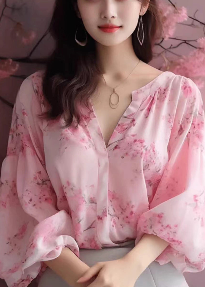 Elegante Rosa V-Ausschnitt Print Chiffon Blusen Armband Ärmel
