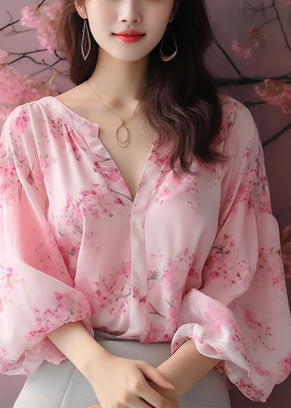 Elegante Rosa V-Ausschnitt Print Chiffon Blusen Armband Ärmel