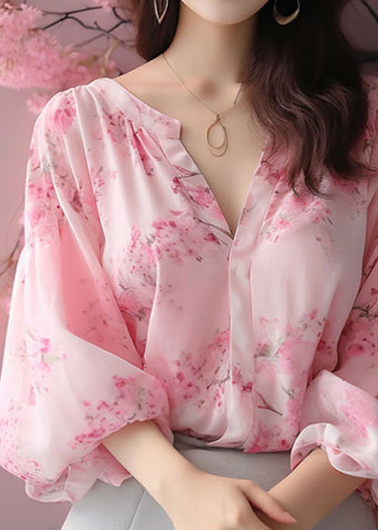 Elegante Rosa V-Ausschnitt Print Chiffon Blusen Armband Ärmel