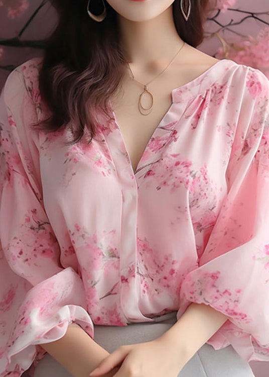 Elegante Rosa V-Ausschnitt Print Chiffon Blusen Armband Ärmel