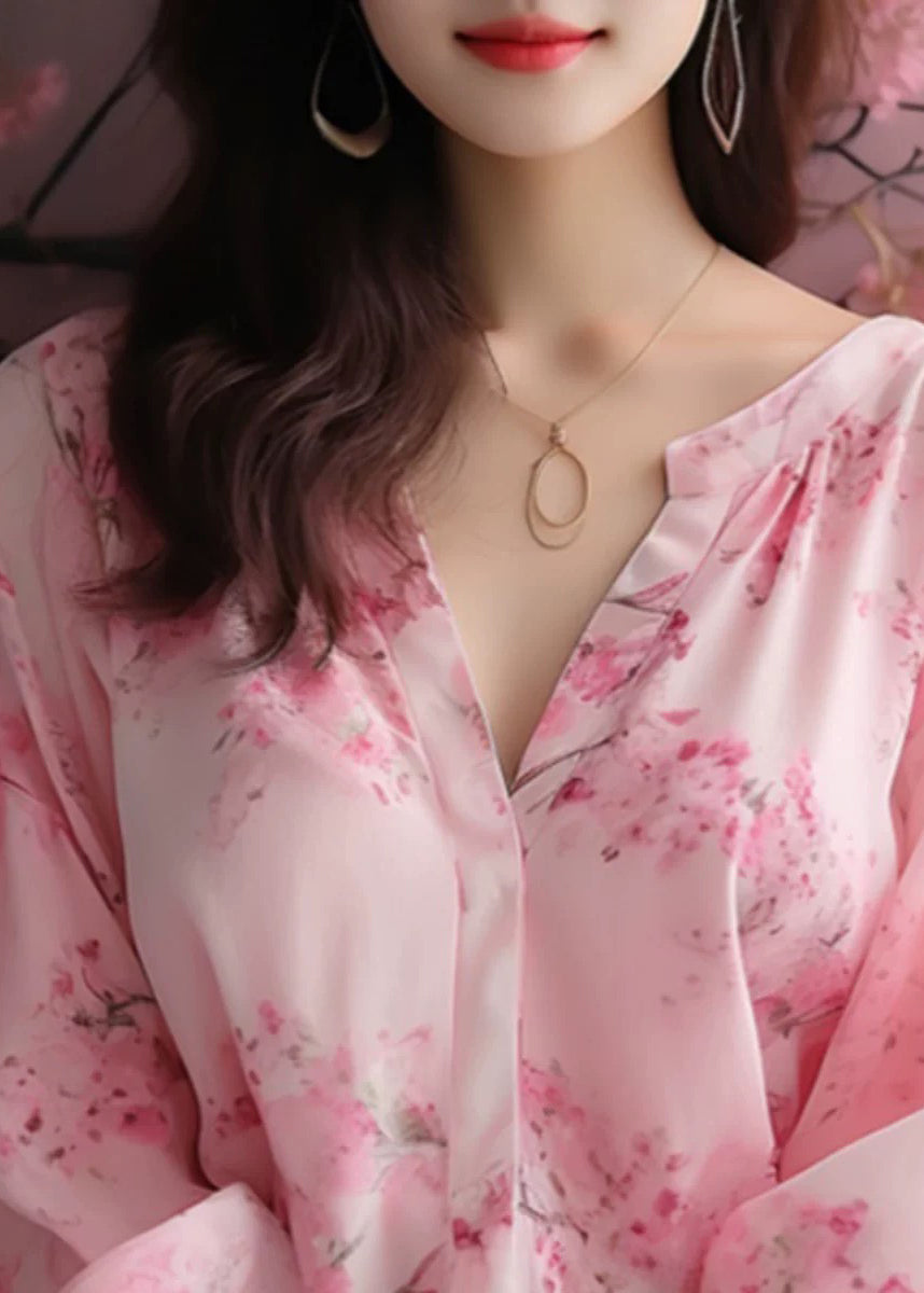 Elegante Rosa V-Ausschnitt Print Chiffon Blusen Armband Ärmel