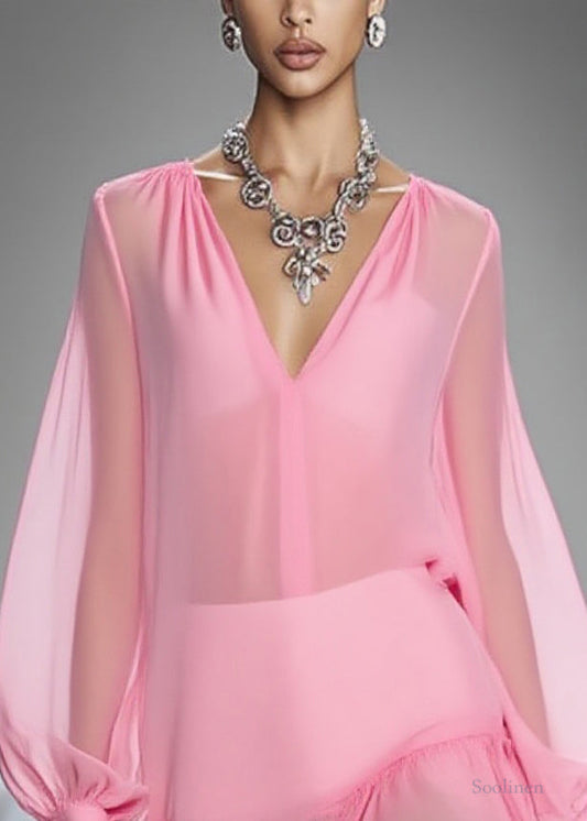 Elegant Pink V Neck Wrinkled Tulle Mid Dress Spring