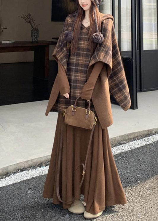 Elegant Plaid Wear On Both Sides Coats And Long Dress Two Pieces Set Cloak Sleeve