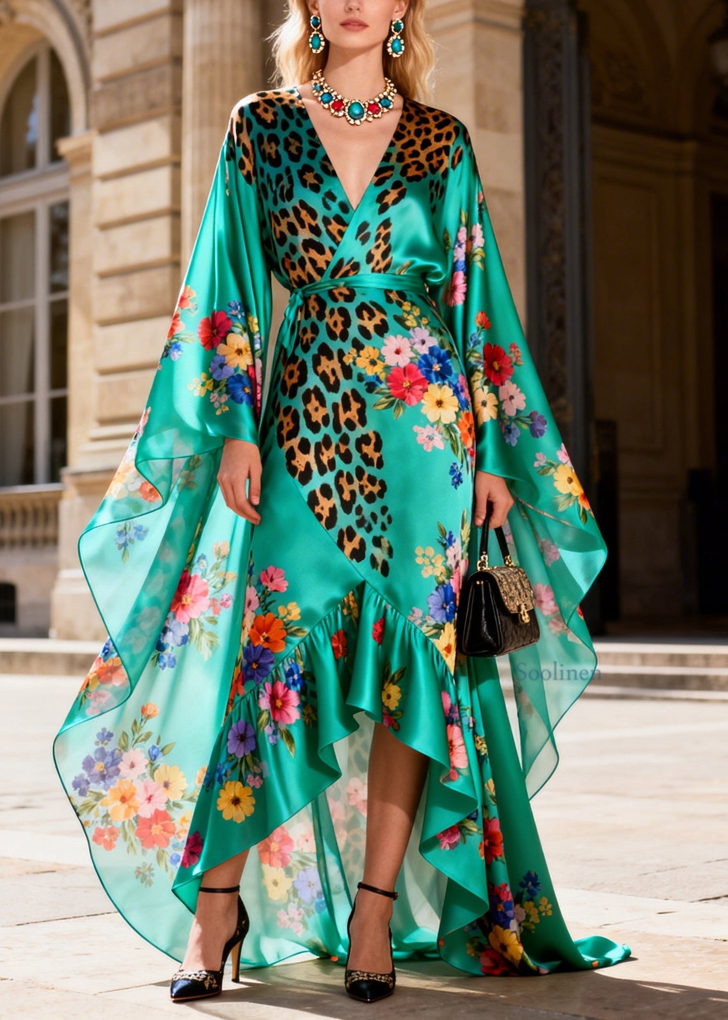 Elegant Print Asymmetrical Design Ruffled Patchwork Silk Dresses Summer