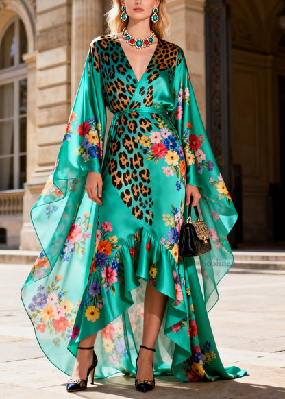 Elegant Print Asymmetrical Design Ruffled Patchwork Silk Dresses Summer