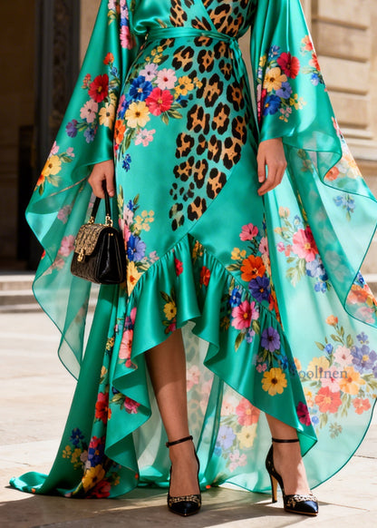 Elegant Print Asymmetrical Design Ruffled Patchwork Silk Dresses Summer
